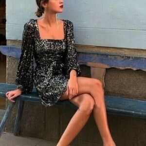 Zara Black Sequin Square-Neck Mini Dress